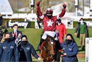 17 March 2021; Jockey Keith Donoghue celebrates after winning The Glenfarclas Cross Country Steeple Chase on Tiger Roll on day 2 of the Cheltenham Racing Festival at Prestbury Park in Cheltenham, England. Photo by Hugh Routledge/Sportsfile