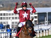 17 March 2021; Jockey Keith Donoghue celebrates after crossing the line after winning The Glenfarclas Cross Country Steeple Chase on Tiger Roll on day 2 of the Cheltenham Racing Festival at Prestbury Park in Cheltenham, England. Photo by Hugh Routledge/Sportsfile