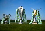 7 March 2021; Trophies, from left, SSE Airtricity League First Division cup, SSE Airtricity League Premier Division trophy and SSE Airtricity Women's National League trophy ahead of the start of the 2021 season at the FAI National Training Centre in Abbotstown, Dublin. Photo by Stephen McCarthy/Sportsfile