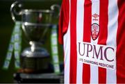 7 March 2021; A detailed view of the Treaty United jersey and SSE Airtricity League First Division cup ahead of the start of the 2021 SSE Airtricity League First Division season at the FAI National Training Centre in Abbotstown, Dublin. Photo by Stephen McCarthy/Sportsfile