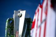 7 March 2021; A detailed view of the SSE Airtricity League Premier Division trophy and Derry City jersey ahead of the start of the 2021 SSE Airtricity League Premier Division season at the FAI National Training Centre in Abbotstown, Dublin. Photo by Stephen McCarthy/Sportsfile
