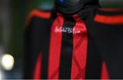 7 March 2021; A detailed view of the text &quot;Love Football Hate Racism&quot; on the back of the Bohemians jersey ahead of the start of the 2021 SSE Airtricity League Premier Division season at the FAI National Training Centre in Abbotstown, Dublin. Photo by Stephen McCarthy/Sportsfile