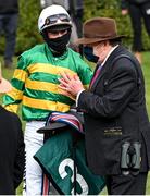 18 March 2021; Jockey Nico de Boinville with trainer Nicky Henderson after winning The Marsh Novices' Chase with Chantry House on day 3 of the Cheltenham Racing Festival at Prestbury Park in Cheltenham, England. Photo by Hugh Routledge/Sportsfile