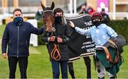 18 March 2021; Trainer Henry De Bromhead with Telmesomethinggirl and jockey Rachael Blackmore in the winners enclosure after winning The Parnell Properties Mares Novices' Hurdle on day 3 of the Cheltenham Racing Festival at Prestbury Park in Cheltenham, England. Photo by Hugh Routledge/Sportsfile