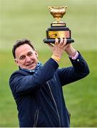 19 March 2021; Winning trainer Henry De Bromhead, with the Gold Cup, after sending out Minella Indo to win The WellChild Cheltenham Gold Cup Steeple Chase on day 4 of the Cheltenham Racing Festival at Prestbury Park in Cheltenham, England. Photo by Hugh Routledge/Sportsfile