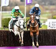 19 March 2021; Colreevy, right, with Paul Townend up, jump the last alongside Elimay, who finished second with Mark Walsh up, on their way to winning The Mrs Paddy Power Mares' Steeple Chase on day 4 of the Cheltenham Racing Festival at Prestbury Park in Cheltenham, England. Photo by Hugh Routledge/Sportsfile