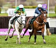 19 March 2021; Colreevy, right, with Paul Townend up, races clear of  Elimay, who finished second with Mark Walsh up, after the last, on their way to winning The Mrs Paddy Power Mares' Steeple Chase on day 4 of the Cheltenham Racing Festival at Prestbury Park in Cheltenham, England. Photo by Hugh Routledge/Sportsfile