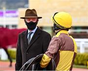 19 March 2021; Trainer Willie Mullins, left, with jockey Sean O'Keeffe after sending out Galopin Des Champs to win the Martin Pipe Conditional Jockeys' Handicap Hurdle on day 4 of the Cheltenham Racing Festival at Prestbury Park in Cheltenham, England. Photo by Hugh Routledge/Sportsfile