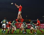 19 March 2021; Thomas Ahern of Munster takes the ball in the lineout during the Guinness PRO14 match between Munster and Benetton at Thomond Park in Limerick. Photo by Matt Browne/Sportsfile