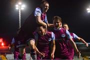 19 March 2021; James Brown of Drogheda United, centre, celebrates with team-mates Mark Doyle, left, and Daniel O'Reilly, right, after scoring his side's winning goal during the SSE Airtricity League Premier Division match between Drogheda United and Waterford at Head In The Game Park in Drogheda, Louth. Photo by Seb Daly/Sportsfile