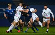 19 March 2021; Harry Byrne of Leinster is tackled by Joe Hawkins and Reuben Morgan-Williams of Ospreys during the Guinness PRO14 match between Leinster and Ospreys at RDS Arena in Dublin. Photo by Brendan Moran/Sportsfile