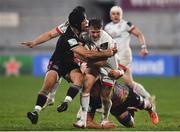 19 March 2021; Stewart Moore of Ulster is tackled by Potu Leavasa, right, and Lorenzo Masselli of Zebre during the Guinness PRO14 match between Ulster and Zebre at Kingspan Stadium in Belfast. Photo by David Fitzgerald/Sportsfile