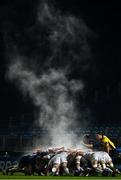 19 March 2021; Referee Chris Busby watches a scrum as steam rises on a cold night during the Guinness PRO14 match between Leinster and Ospreys at RDS Arena in Dublin. Photo by Brendan Moran/Sportsfile