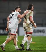 19 March 2021; Jordi Murphy of Ulster, right, is congratulated by team-mate Callum Reid after scoring his side's fourth try during the Guinness PRO14 match between Ulster and Zebre at Kingspan Stadium in Belfast. Photo by David Fitzgerald/Sportsfile