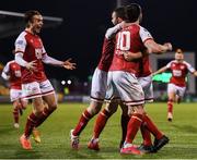 19 March 2021; St Patrick's Athletic players, including Robbie Benson, Ronan Coughlan and Matty Smith, celebrate their side's first goal during the SSE Airtricity League Premier Division match between Shamrock Rovers and St Patrick's Athletic at Tallaght Stadium in Dublin. Photo by Harry Murphy/Sportsfile