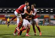 19 March 2021; St Patrick's Athletic players, including Robbie Benson, Ronan Coughlan and Matty Smith, celebrate their side's first goal during the SSE Airtricity League Premier Division match between Shamrock Rovers and St Patrick's Athletic at Tallaght Stadium in Dublin. Photo by Harry Murphy/Sportsfile