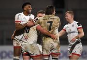 19 March 2021; Brad Roberts of Ulster, centre, is congratulated by team-mates after scoring his side's seventh try during the Guinness PRO14 match between Ulster and Zebre at Kingspan Stadium in Belfast. Photo by David Fitzgerald/Sportsfile