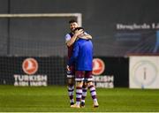 19 March 2021; Gary Deegan, left, and Chris Lyons of Drogheda United congratulate each other after their side's victory during the SSE Airtricity League Premier Division match between Drogheda United and Waterford at Head In The Game Park in Drogheda, Louth. Photo by Seb Daly/Sportsfile