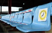 19 March 2021; COVID-19 signage on seating before the SSE Airtricity League Premier Division match between Drogheda United and Waterford at Head In The Game Park in Drogheda, Louth. Photo by Seb Daly/Sportsfile