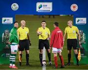 19 March 2021; Referee Rob Hennessy conducts the coin toss with Shamrock Rovers captain Ronan Finn and St Patrick's Athletic captain Robbie Benson before the SSE Airtricity League Premier Division match between Shamrock Rovers and St Patrick's Athletic at Tallaght Stadium in Dublin. Photo by Stephen McCarthy/Sportsfile