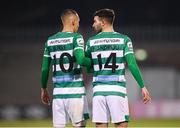 19 March 2021; Danny Mandroiu and his Shamrock Rovers team-mate Graham Burke, left, form a wall to defend a free kick during the SSE Airtricity League Premier Division match between Shamrock Rovers and St Patrick's Athletic at Tallaght Stadium in Dublin. Photo by Stephen McCarthy/Sportsfile