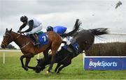 20 March 2021; Montagne D'argent, right, and jockey Sean O'Keeffe fall the last, behind eventual third place Zarkareva, with Dylan Robinson up, during the Pierce Molony Memorial Novice Steeplechase at Thurles Racecourse in Tipperary. Photo by Seb Daly/Sportsfile