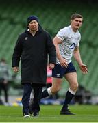 20 March 2021; England head coach Eddie Jones, left, and Owen Farrell of England ahead of the Guinness Six Nations Rugby Championship match between Ireland and England at Aviva Stadium in Dublin. Photo by Brendan Moran/Sportsfile