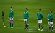 20 March 2021; CJ Stander, second from left, alongside his Ireland team-mates Jonathan Sexton, Conor Murray and Tadhg Furlong as they stand for the National Anthems ahead of the Guinness Six Nations Rugby Championship match between Ireland and England at Aviva Stadium in Dublin. Photo by Brendan Moran/Sportsfile
