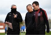 20 March 2021; Bohemians manager Keith Long, left, with assistant manager Trevor Croly and first team player development coach Derek Pender prior to the SSE Airtricity League Premier Division match between Finn Harps and Bohemians at Finn Park in Ballybofey, Donegal. Photo by Harry Murphy/Sportsfile