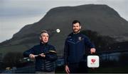23 March 2021; Antrim hurler Neil McManus and his father Hugh at Cushendall GAA Club in Antrim. Neil is an ambassador for the GAA Community Heart Programme which seeks to raise awareness of the benefits of defibrillators to clubs and make it possible to fundraise to acquire them. Neil's work is inspired by his family experience five years ago when his father was saved by the presence of a defibrillator in the community during an emergency. GAA club-based defibrillators have been used to save 42 lives. For more information see:  https://savealife.communityheartprogram.com/gaa. Photo by David Fitzgerald/Sportsfile