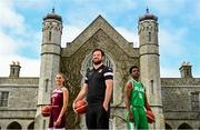 23 March 2021; NUIG Mystics and Ireland underage international Aine McDonagh, NUIG Mystics head coach Paul O'Brien and Titans and Ireland underage international Malik Thiam at the announcement of NUI Galway as a Basketball Ireland Centre of Excellence. Photo by Eóin Noonan/Sportsfile