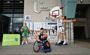 23 March 2021; In attendance are, from left, Irish international and Belfast Star player Conor Quinn, Irish international former Ulster University player Luke Marshall and Ulster University Tigers player Alex Mulligan at the announcement of Ulster University as a Basketball Ireland Centre of Excellence at the Ulster University in Jordanstown, Antrim. Photo by David Fitzgerald/Sportsfile