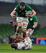 20 March 2021; Iain Henderson of Ireland leaps over of Kyle Sinckler of England during the Guinness Six Nations Rugby Championship match between Ireland and England at Aviva Stadium in Dublin. Photo by Brendan Moran/Sportsfile