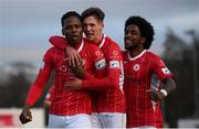 20 March 2021; Romeo Parkes, left, celebrates after scoring his side's first goal with Sligo Rovers team-mates Johnny Kenny and Walter Figueira, right, during the SSE Airtricity League Premier Division match between Sligo Rovers and Dundalk at The Showgrounds in Sligo. Photo by Stephen McCarthy/Sportsfile
