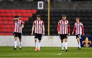 20 March 2021; Derry City players, from left, Eoin Toal, Will Fitzgerald, Will Patching and Ciaron Harkin after conceding their side's first goal during the SSE Airtricity League Premier Division match between Longford Town and Derry City at Bishopsgate in Longford. Photo by Eóin Noonan/Sportsfile