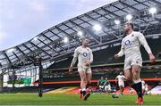 20 March 2021; England players Jonny May, left, and Elliot Daly react after Keith Earls scored Ireland's third try, whcch was subsequently disallowed, during the Guinness Six Nations Rugby Championship match between Ireland and England at Aviva Stadium in Dublin. Photo by Brendan Moran/Sportsfile