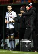 20 March 2021; Dundalk coach Filippo Giovagnoli, right, and Dundalk team manager Shane Keegan speak with substitute Michael Duffy during the SSE Airtricity League Premier Division match between Sligo Rovers and Dundalk at The Showgrounds in Sligo. Photo by Stephen McCarthy/Sportsfile