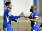 20 March 2021; Adam Foley and Ethan Boyle of Finn Harps embrace following the SSE Airtricity League Premier Division match between Finn Harps and Bohemians at Finn Park in Ballybofey, Donegal. Photo by Harry Murphy/Sportsfile