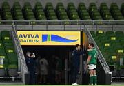 20 March 2021; CJ Stander of Ireland speaks to referee Mathieu Raynal after playing his last match for Ireland before retirement at the end of the season after the Guinness Six Nations Rugby Championship match between Ireland and England at Aviva Stadium in Dublin. Photo by Brendan Moran/Sportsfile
