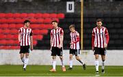20 March 2021; Derry City players, from left, Eoin Toal, Cameron McJannet Ciaron Harkin and Will Patching during the SSE Airtricity League Premier Division match between Longford Town and Derry City at Bishopsgate in Longford. Photo by Eóin Noonan/Sportsfile