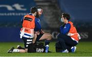 19 March 2021; Michael Bent of Leinster is attended to for an injury by Leinster rehabilitation therapist Fearghal Kerin, left, and academy physiotherapist Darragh Curley during the Guinness PRO14 match between Leinster and Ospreys at RDS Arena in Dublin. Photo by Brendan Moran/Sportsfile