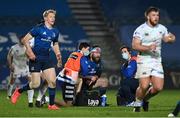 19 March 2021; Michael Bent of Leinster is attended to for an injury by Leinster rehabilitation therapist Fearghal Kerin, left, and academy physiotherapist Darragh Curley during the Guinness PRO14 match between Leinster and Ospreys at RDS Arena in Dublin. Photo by Brendan Moran/Sportsfile