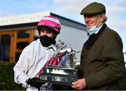21 March 2021; Trainer Arthur Moore with jockey Darragh O'Keeffe after sending out Fag An Bealach to win the Randox Ulster National Handicap Steeplechase at Downpatrick Racecourse in Downpatrick. Photo by Harry Murphy/Sportsfile