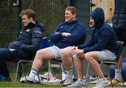 22 March 2021; Josh van der Flier, left, Tadhg Furlong, centre, and Hugo Keenan during Leinster Rugby squad training at UCD in Dublin. Photo by Ramsey Cardy/Sportsfile