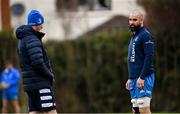 22 March 2021; Head coach Leo Cullen, left, in conversation with Scott Fardy during Leinster Rugby squad training at UCD in Dublin. Photo by Ramsey Cardy/Sportsfile