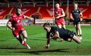 22 March 2021; John Porch of Connacht dives in to score his side's first try during the Guinness PRO14 match between Scarlets and Connacht at Parc y Scarlets in Llanelli, Wales. Photo by Gareth Everett/Sportsfile