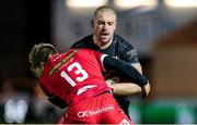 22 March 2021; Jordan Duggan of Connacht is tackled by into Tyler Morgan of Scarlets during the Guinness PRO14 match between Scarlets and Connacht at Parc y Scarlets in Llanelli, Wales. Photo by Gareth Everett/Sportsfile