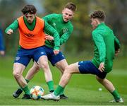 23 March 2021; Andy Lyons, centre, and Will Ferry, left, during a Republic of Ireland U21's training session at Colliers Park in Wrexham, Wales. Photo by David Rawcliffe/Sportsfile