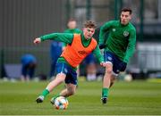 23 March 2021; Gavin Kilkenny, left, and Conor Noss during a Republic of Ireland U21's training session at Colliers Park in Wrexham, Wales. Photo by David Rawcliffe/Sportsfile