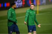 23 March 2021; James McClean and Cyrus Christie, left, during a Republic of Ireland training session at Stadion Rajko Mitic in Belgrade, Serbia. Photo by Stephen McCarthy/Sportsfile